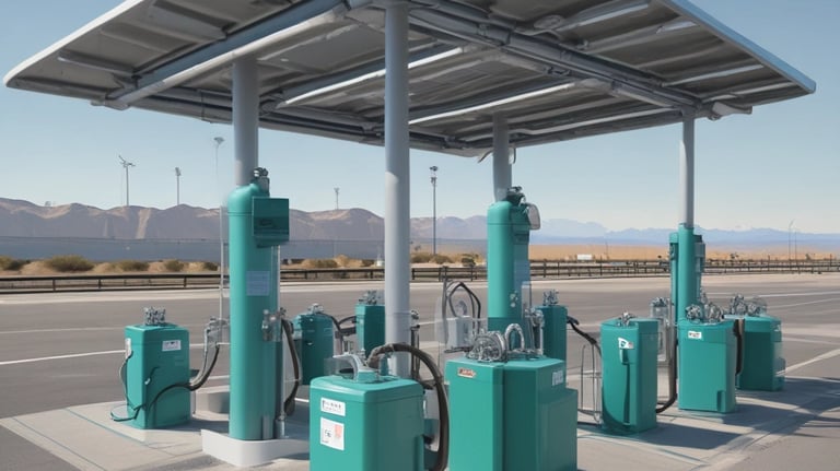 A modern electrolyzer facility with solar panels in the background