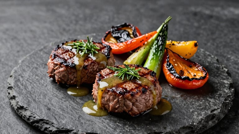 Gourmet grilled beef medallions drizzled with an herb reduction, served on a stone plate with colorful roasted vegetables, professional food photography, minimalist composition, South American style.