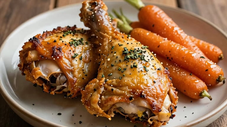 Golden roasted chicken thighs seasoned with Brazilian herbs, side of glazed carrots, rustic wooden table background, warm morning light, earth tones.
