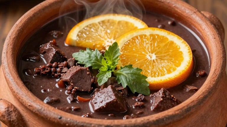 A rustic clay pot filled with traditional Brazilian feijoada, steam rising, garnished with orange slices and fresh greens, macro food photography, warm earth tones including ochre and sage, South American context.