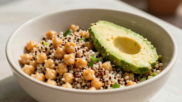 A vibrant grain salad with chickpeas, quinoa, and avocado, served in a light cream colored bowl, bright natural sunlight, South American outdoor patio setting, palette of sage and cream.