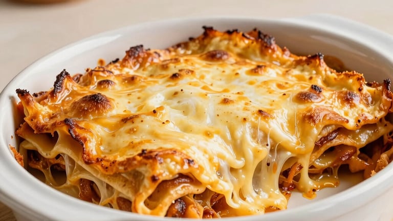A golden-brown baked lasagna in a white ceramic dish, cheese stretching as a piece is served, warm South American home kitchen setting, soft natural light, shades of cream and ochre.