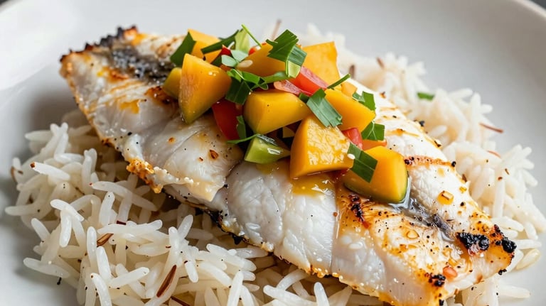 Grilled tropical white fish fillet with a mango salsa topping, served on a bed of coconut rice, vibrant and fresh, professional culinary photography, South American / Brazilian coastal vibe.