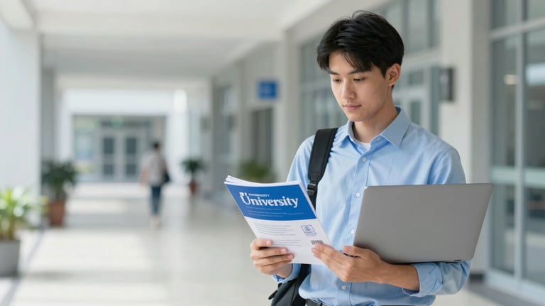 A high-quality photo of a student holding university brochures and a laptop, standing in a modern campus hallway. The lighting is bright and supportive, using #F6F8F9 and #346DAA to convey a professional educational environment.