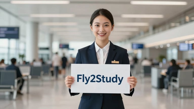 A friendly and welcoming staff member standing in a bright airport arrivals hall, holding a professional 'Fly2Study' greeting sign. The style is clean and minimal with soft #F6F8F9 lighting.