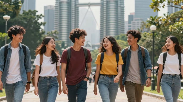 A group of diverse international students laughing and walking together in a vibrant Malaysian city park. The composition is dynamic and friendly, with natural lighting and a clean, modern aesthetic.