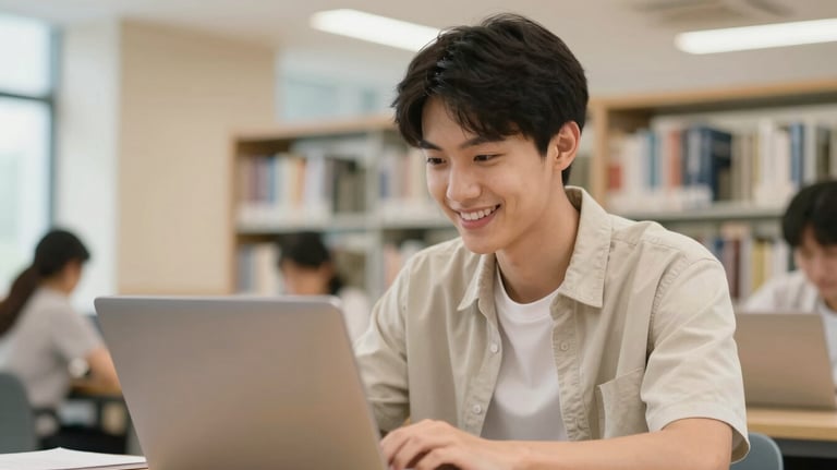 A close-up of a smiling student focusing on a laptop screen, appearing motivated and focused. The environment is a clean, modern library or study lounge with accents of #C7A272 and #F6F8F9.