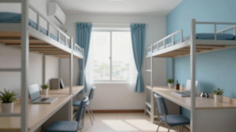 A modern and cozy student studio apartment interior in Malaysia, featuring a clean desk, bright window light, and minimalist furniture in #F6F8F9 and #346DAA tones.