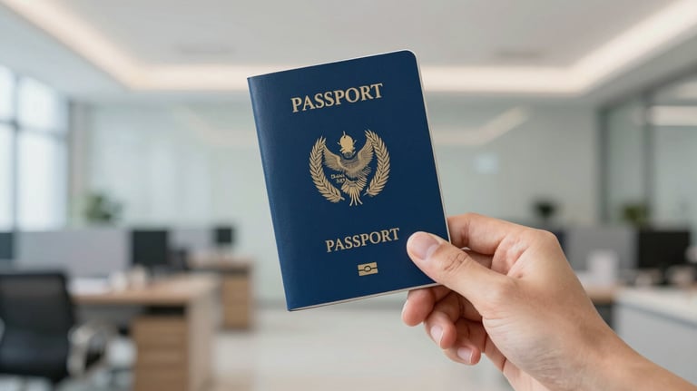 A professional and clean composition showing a hand holding a passport with a Malaysian visa stamp, set against a blurred modern office background featuring #346DAA and #F6F8F9 colors.