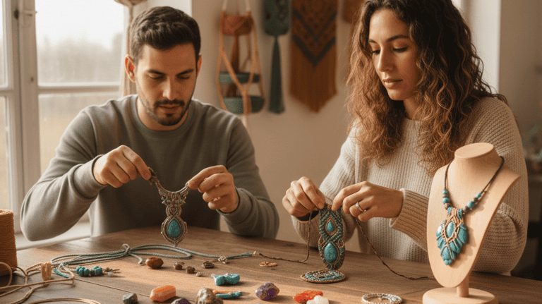 Un hombre y una mujer elaborando a mano joyería de macramé estilo boho con piedras de turquesa en un