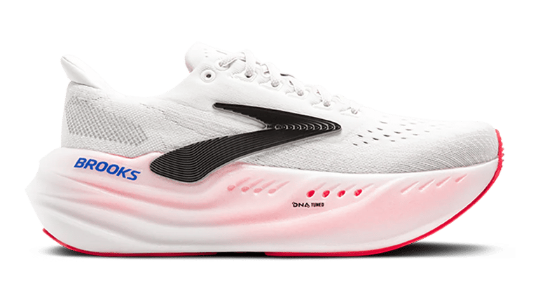 Brooks Glycerin Max running shoe showcasing its high-stack cushioning and engineered mesh upper on a road surface.