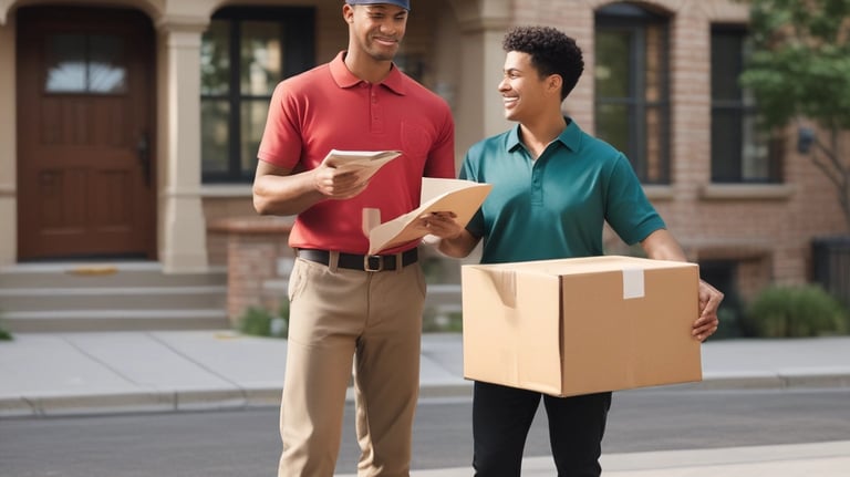 Courier handing over a package with a friendly smile in an urban setting.