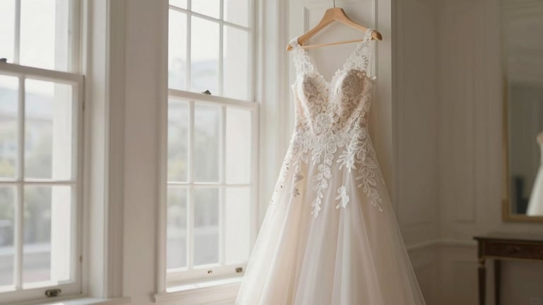 An elegant wedding gown hanging in a bright, airy room with sunlight streaming through large windows. Sophisticated, editorial composition with a focus on lace details and soft textures. Palette uses #F5F5F0.
