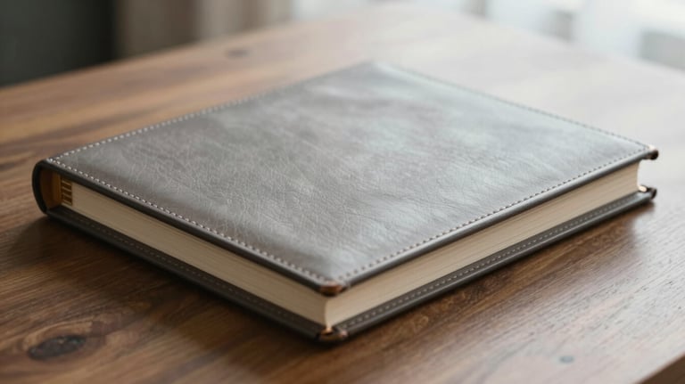 A close-up of a premium, handcrafted leather heirloom photo album resting on a wooden table. The texture of the leather is visible, suggesting luxury and tradition. Soft morning light, palette using #D9C5B2 and #3C3C3C.