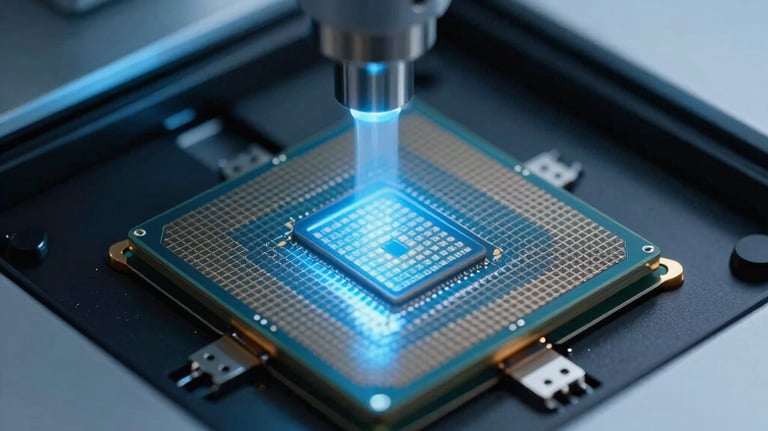 Macro photography of a molecular sequencing chip inside a high-tech scanner. The scene is illuminated with a soft light blue glow, showcasing advanced scientific precision.