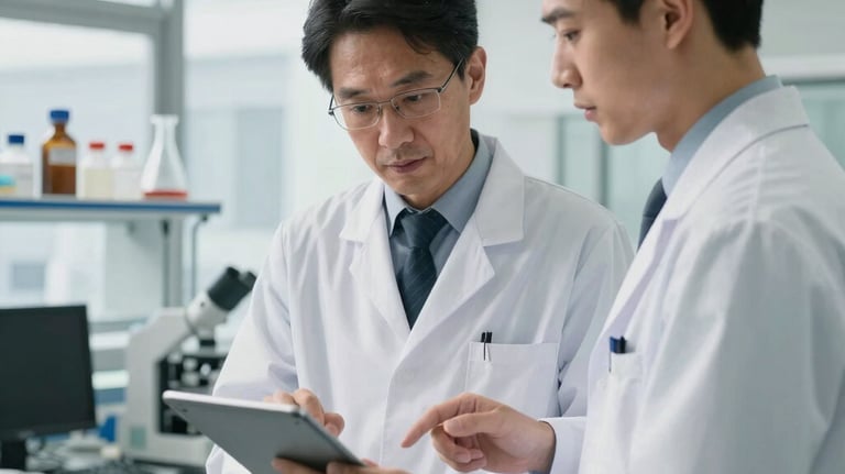 A scientist in a white lab coat consulting with a colleague in a bright, modern US office space with laboratory windows in the background. They are using a tablet.