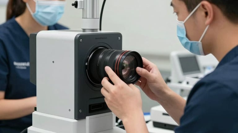 Professional scientific training session in a North American facility. A specialist is demonstrating a high-tech diagnostic device to a medical provider.
