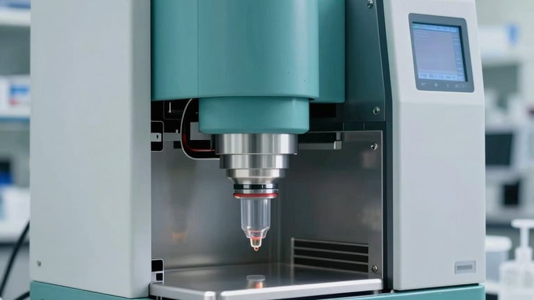 A high-precision automated liquid handler used in a professional US research lab. The lighting is sharp, emphasizing the clean lines and teal medical grade finishes.
