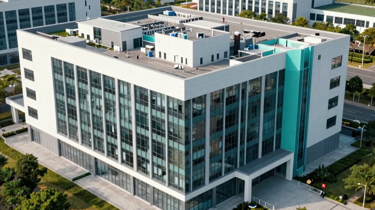 An aerial view of a clinical research center in a North American tech park. The architecture is modern, with large glass windows and clean teal accents.