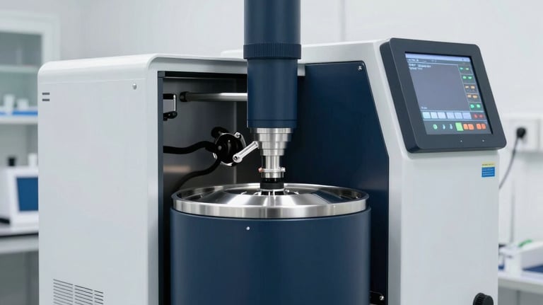 A modern centrifuge unit in a bright, white-walled North American laboratory setting. The machine is sleek and professional, with a dark navy control panel.
