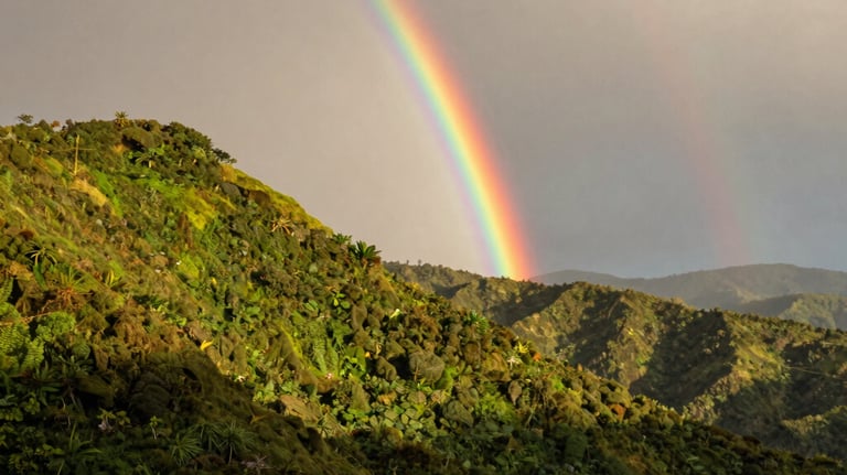 A vivid double rainbow arches over lush green tropical mountains under a dramatic sky.