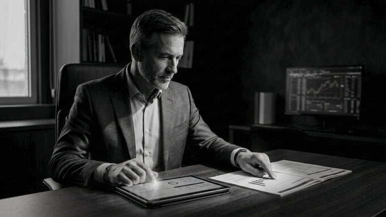 Advogado analisando dados de mercado do escritório