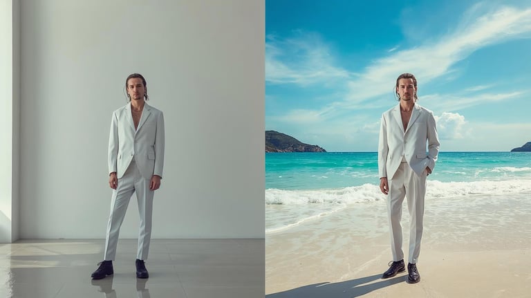Image photoshop avant, après homme dans son appartement et homme sur la plage
