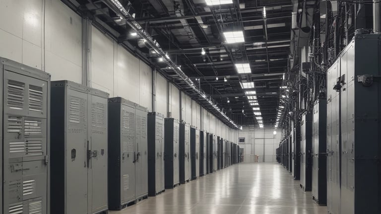 Close-up of industrial transformers and cables neatly arranged in a warehouse