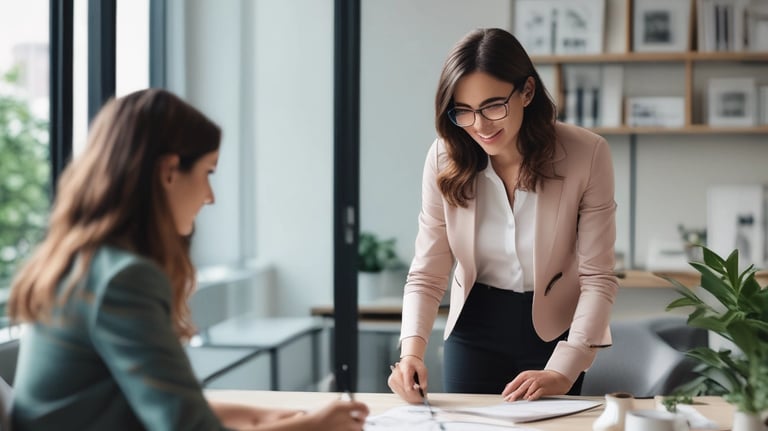 Friendly real estate agent discussing options with clients in a cozy office