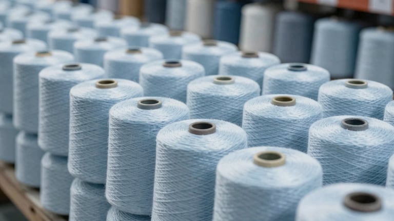 Rows of finished polyester yarn spools ready for shipping, stacked neatly in a warehouse with cool industrial lighting (#95A5BB).