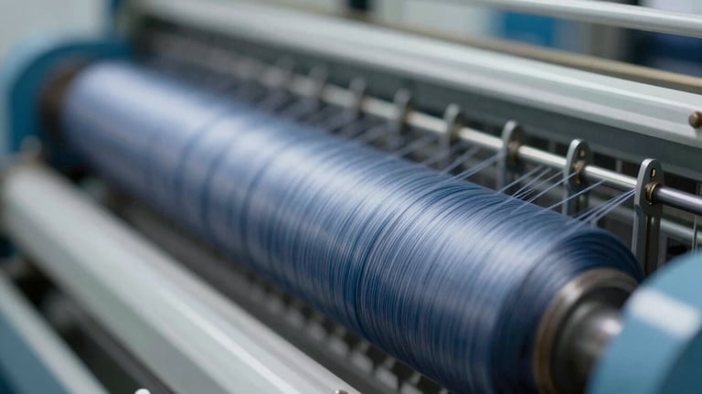 Close-up of a yarn twisting machine in motion, showing the blurring threads creating a sense of dynamic manufacturing, colors #3A4F6B and #F0F2F5.