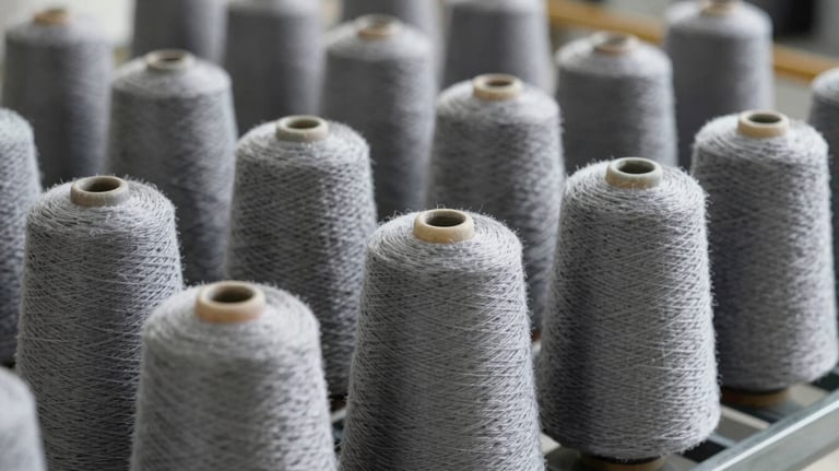 Industrial cones of high-tenacity yarn organized on a steel rack, showcasing the scale of manufacturing, featuring colors #1A202C and #95A5BB.