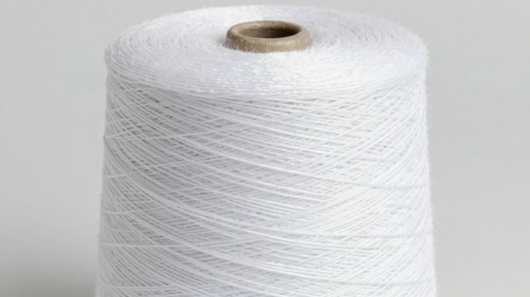 Close-up of a large spool of ultra-fine white micro-filament yarn, showing the intricate texture and high-quality finish, studio lighting on #F0F2F5 background.