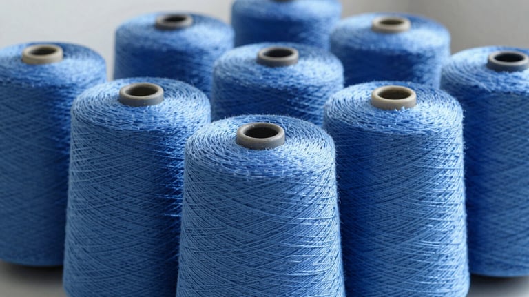 A row of high-grade Nylon 6 yarn cones in a clean, industrial blue-toned setting (#3A4F6B). The image highlights the uniform shine and consistency of the thread.