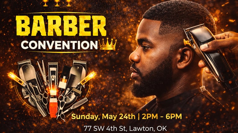 "Lawton Barber Convention 2026 flyer featuring a barber cutting hair in Lawton OK on May 24th"