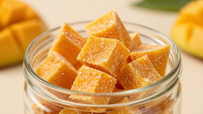 Vibrant freeze-dried mango cubes in a clean glass jar. The image uses a soft focus background to emphasize the texture and color of the fruit.