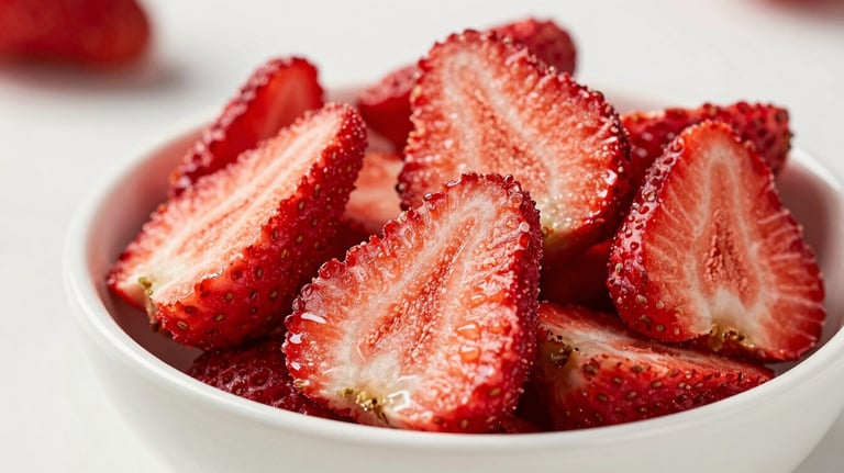 High-quality photography of vibrant freeze-dried strawberry slices in a minimalist white ceramic bowl. The lighting is bright, emphasizing the natural red color.