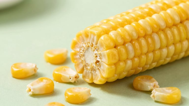 Macro shot of freeze-dried sweet corn kernels. The yellow is bright and sun-kissed, arranged on a light sage green surface for a fresh look.