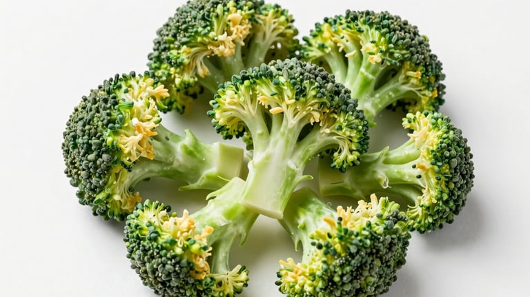 A top-down shot of freeze-dried broccoli florets on a white background. The florets look fresh and light, showcasing the premium freeze-drying process.