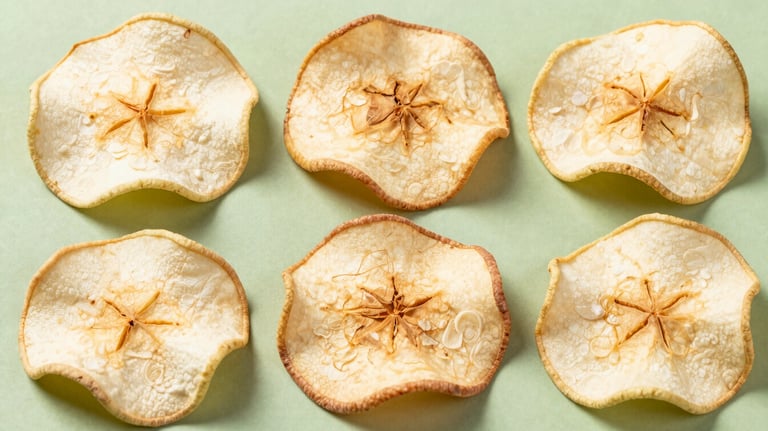 Macro photography of freeze-dried apple slices arranged neatly on a pale green background. The texture is sharp and detailed, showing the natural grain of the fruit.