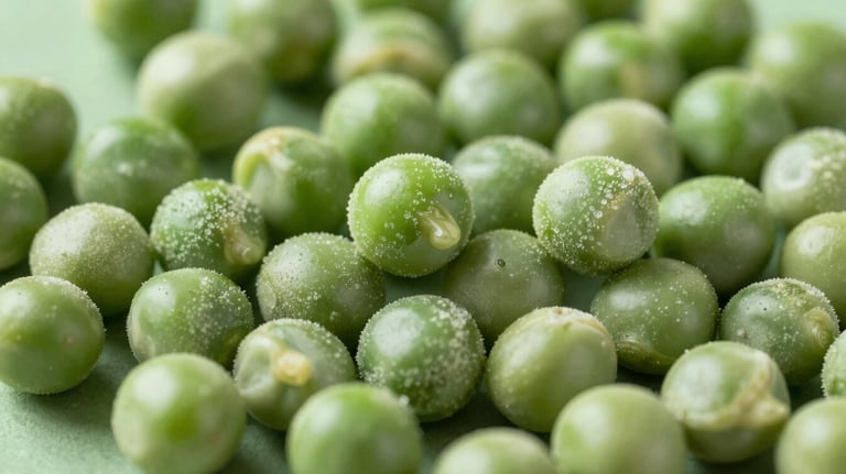 Close-up shot of freeze-dried green peas. The peas look crisp and vibrant green, set against a soft sage green surface.