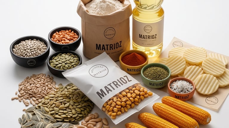 Variety of Matrioz snack ingredients including corn cobs, seeds, flour, and oil on a white background.