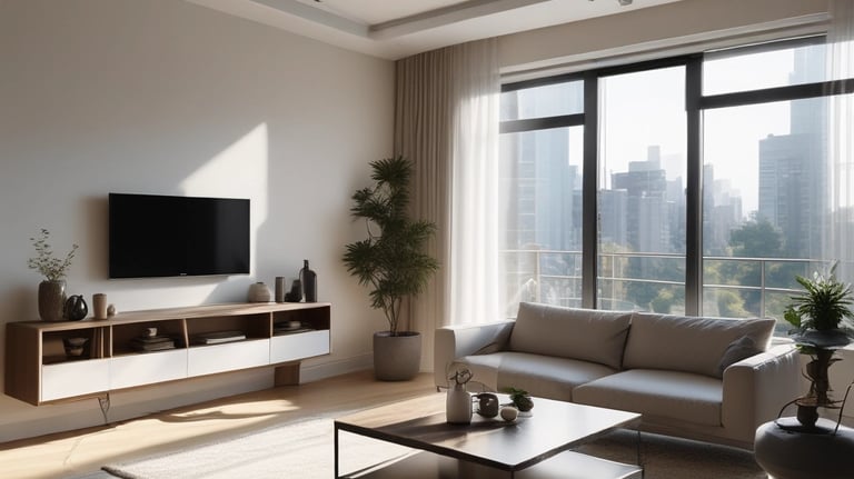 Bright, airy living room freshly cleaned with sunlight streaming through large windows.
