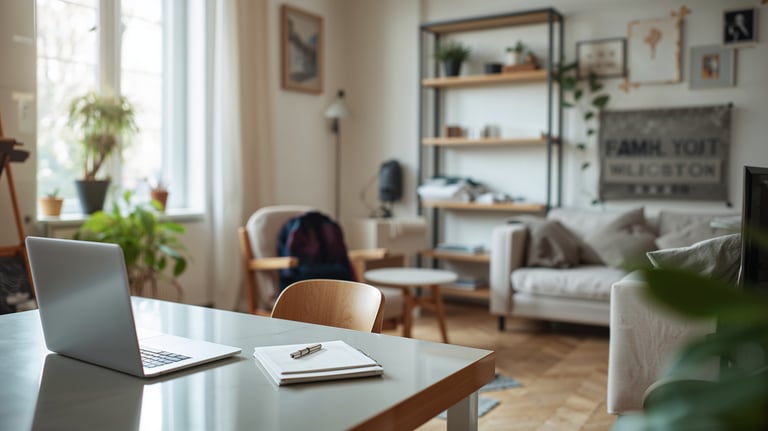 Laptop and notebook on a desk in a bright, modern home office with a cozy living area.