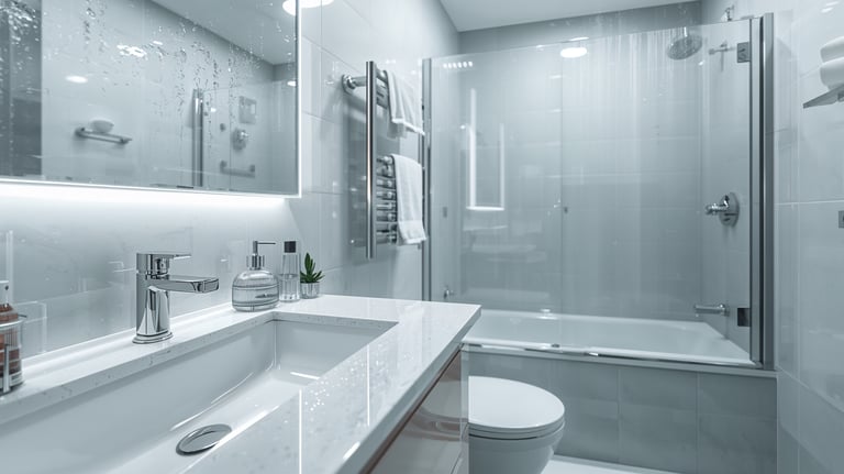 Modern bathroom interior featuring a white marble vanity, glass shower enclosure, and heated towel rack.