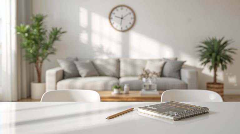 A spiral notebook and pencil on a white desk in a bright, modern living room workspace.
