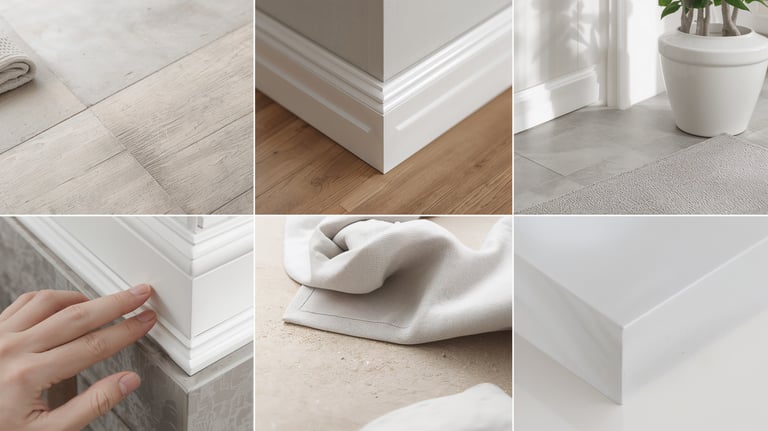 White decorative baseboard molding installed on wood and tile flooring in a modern home.