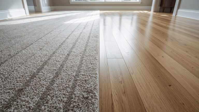 Transition between textured beige carpet and polished light oak hardwood flooring in a sunny home interior.