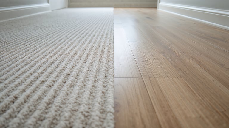 Transition between textured beige carpet and polished light oak hardwood flooring in a hallway.