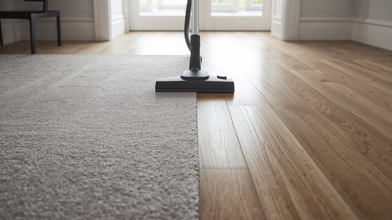 Vacuum cleaner head cleaning a grey area rug on light hardwood flooring in a bright room.